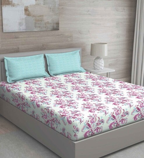 Pink Floral 150 TC Cotton Queen Sized Bed Sheets with 2 Pillow Covers by GM Fabrics