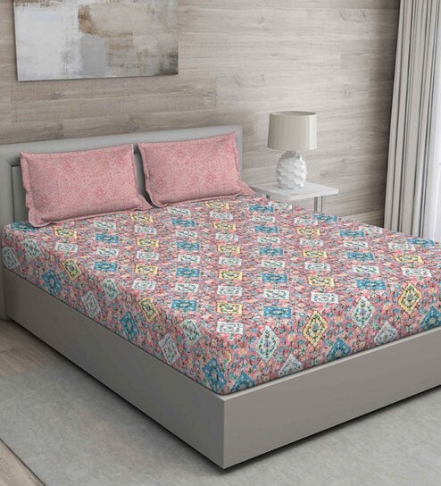 Pink Floral 150 TC Cotton Queen Sized Bed Sheets with 2 Pillow Covers by GM Fabrics