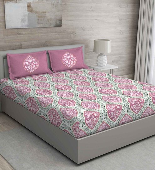 Pink Floral 150 TC Cotton Queen Sized Bed Sheets with 2 Pillow Covers by GM Fabrics