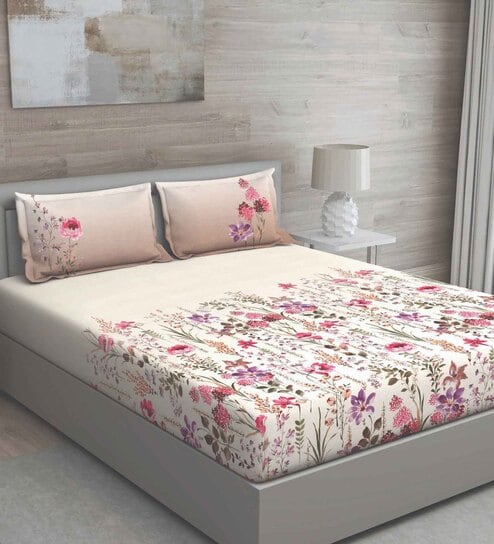 Pink Floral 150 TC Cotton Queen Sized Bed Sheets with 2 Pillow Covers by GM Fabrics