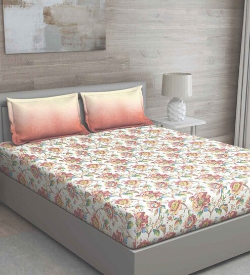 Pink Floral 150 TC Cotton Queen Sized Bed Sheets with 2 Pillow Covers by GM Fabrics