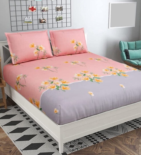 Pink Floral 160 TC Microfibre King Sized Bedsheet with 2 Pillow Covers