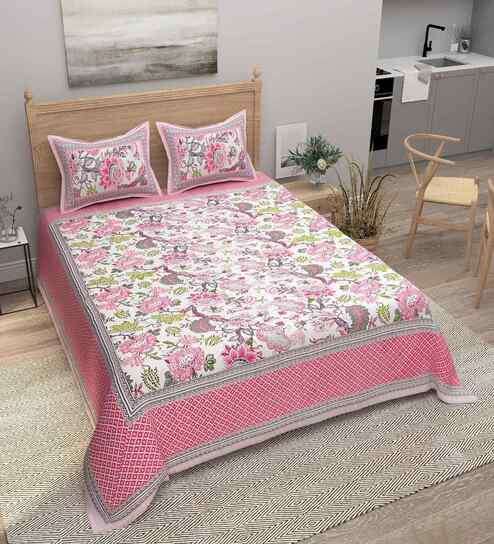 Pink Floral 180 TC Cotton  King Sized Bedsheet with 2 Pillow Covers