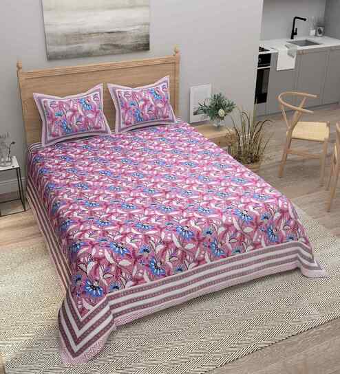Pink Floral 180 TC Cotton  King Sized Bedsheet with 2 Pillow Covers