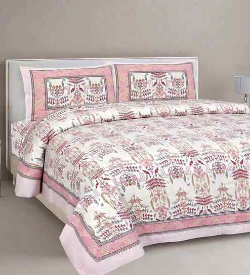 Pink Floral 180 TC Cotton  King Sized Bedsheet with 2 Pillow Covers