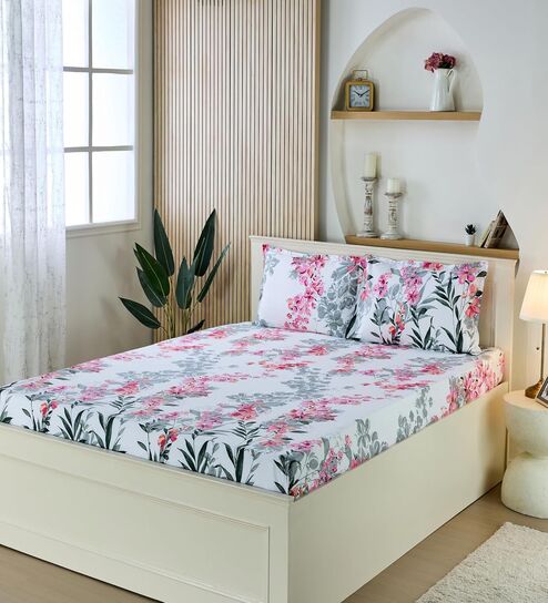 Pink Cotton Floral 180 TC King Size Bedsheet with 2 Pillow Covers