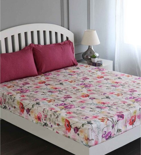 Pink Floral 180 TC Cotton King Sized Bed Sheets with 2 Pillow Covers by GM Fabrics