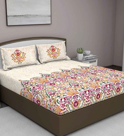 Pink Floral 180 TC Cotton King Sized Bed Sheets with 2 Pillow Covers by GM Fabrics