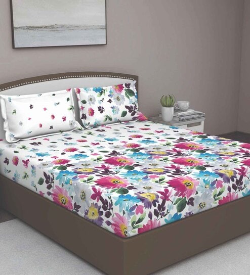 Pink Floral 180 TC Cotton Queen Sized Bed Sheets with 2 Pillow Covers by GM Fabrics