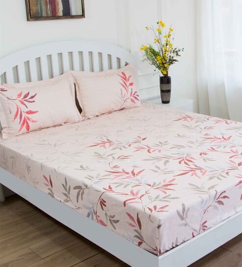 Pink Floral 180 TC Cotton Queen Sized Bed Sheets with 2 Pillow Covers by GM Fabrics