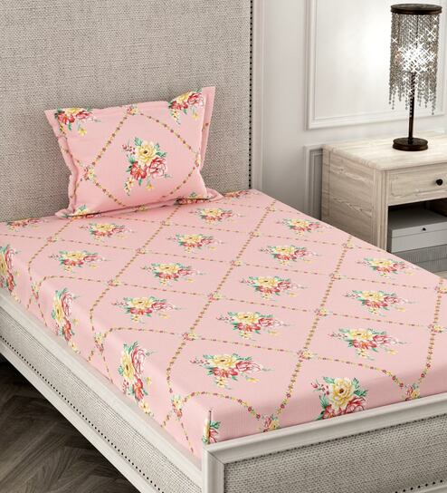 Pink Floral 180 TC Microfiber Single Bedsheet With 1 Pillow Cover