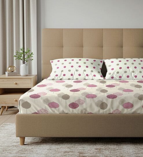 Pink Floral 200 TC Cotton King Sized Bedsheet with 2 Pillow Covers
