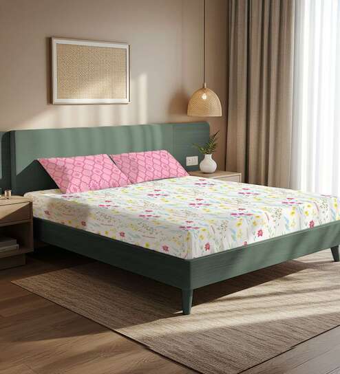 Pink Floral 200 TC Microfiber King Sized Bedsheet with 2 Pillow Covers