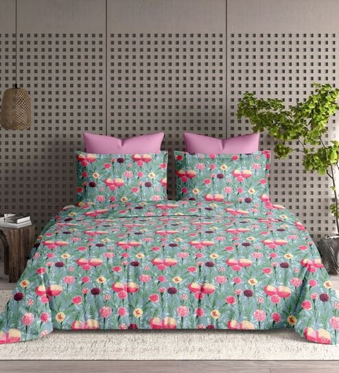 Pink Floral 210TC Cotton Super King Sized Double Bedsheet with 2 Piping Pillow Covers