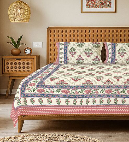 Pink Floral 240 TC Cotton King Sized Bedsheet with 2 Pillow Covers