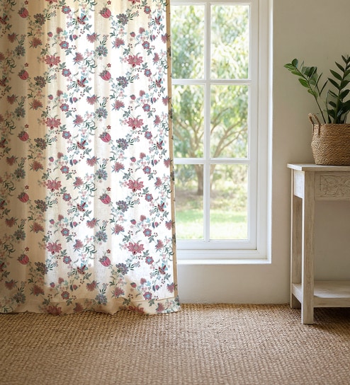 Pink Cotton Floral 5 Ft Eyelet Window Curtains (Set Of 2)