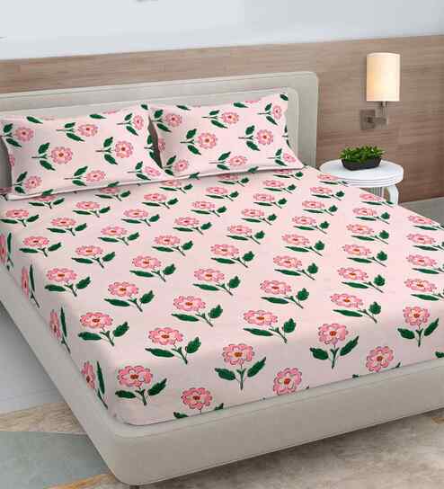 Pink Floral 300 TC Cotton Blend King Size Double Bedsheet with 2 Pillow Covers