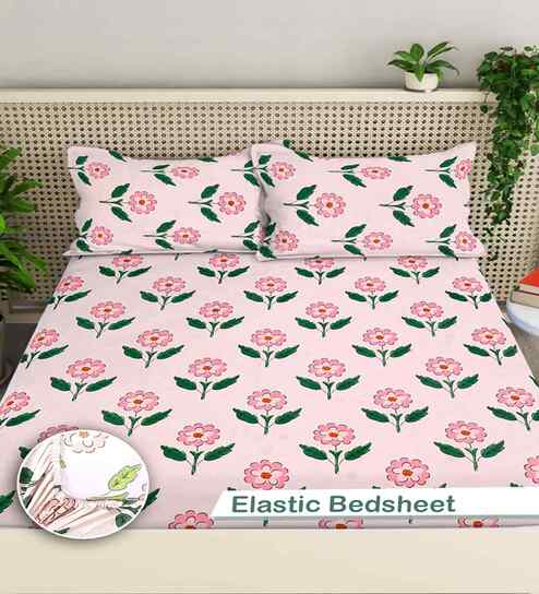 Pink Floral 300 TC Cotton Blend King Size Fitted Double Bedsheet with 2 Pillow Covers