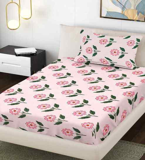 Pink Floral 300 TC Cotton Blend Single Bedsheet with 1 Pillow Cover