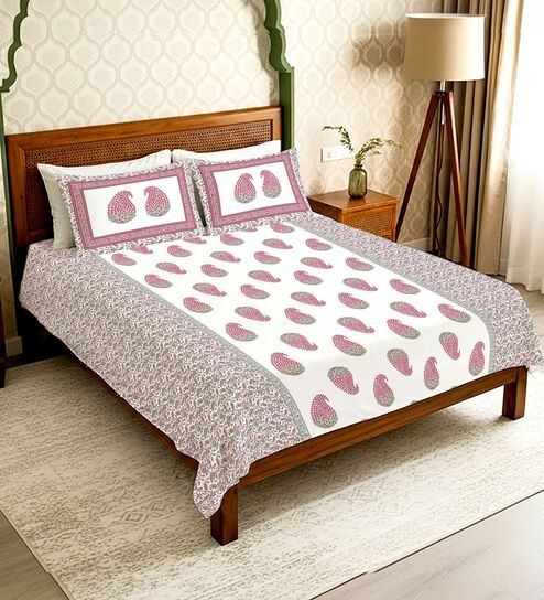 Pink Floral 300 TC Cotton Double Bedsheet with 2 Pillow Covers