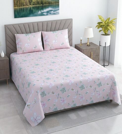 Pink Floral 400 TC Cotton Double Queen Size Bedsheet With 2 Pillow Covers