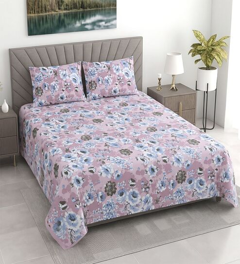 Pink Floral 400 TC Cotton Superking Size Bedsheet With 2 Pillow Covers Threads Nature Collection