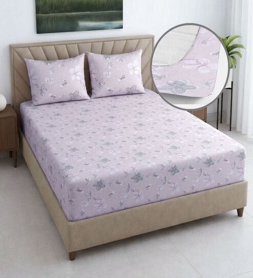 Pink Floral 400 TC Cotton Superking Size Fitted Bedsheet With 2 Pillow Covers