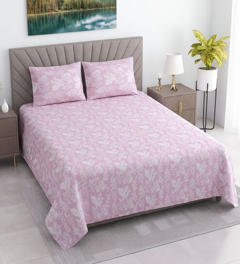 Pink Floral 400 TC Cotton Superking Size Flat Bedsheet With 2 Pillow Covers