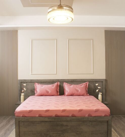 Pink Floral 600TC Cotton Super King Sized Double Bedsheet with 2 Embroidery Pillow Covers