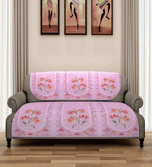 Pink Floral Polyester Net 5 Seater Sofa Cover