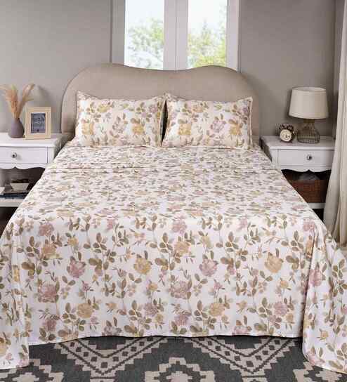 Pink Floral Print 300 TC Cotton Double Bed Sheet with 2 Pillow Covers Sensory Bloom Collection