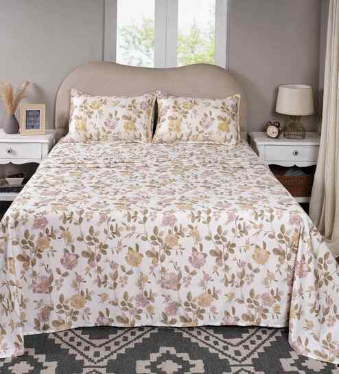 Pink Floral Print 300 TC Cotton King Size Bed Sheet with 2 Pillow Covers Sensory Bloom Collection