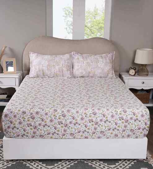 Pink Floral Print 300 TC Cotton Single Bed Fitted Sheet with 1 Pillow Cover Sensory Bloom Collection