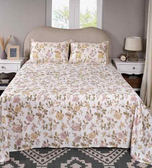 Pink Floral Print 300 TC Cotton Single Bed Sheet with 1 Pillow Cover Sensory Bloom Collection