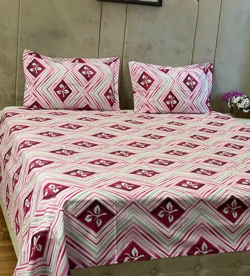 Pink Floral 141 TC 100% Cotton Queen Sized Bed Sheets with 2 Pillow Covers