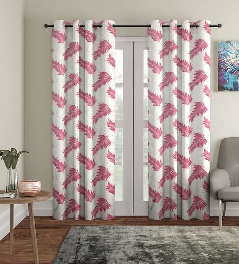 Pink Floral Polyester 7Ft Semisheer Eyelet Door Curtains (Set Of 2)