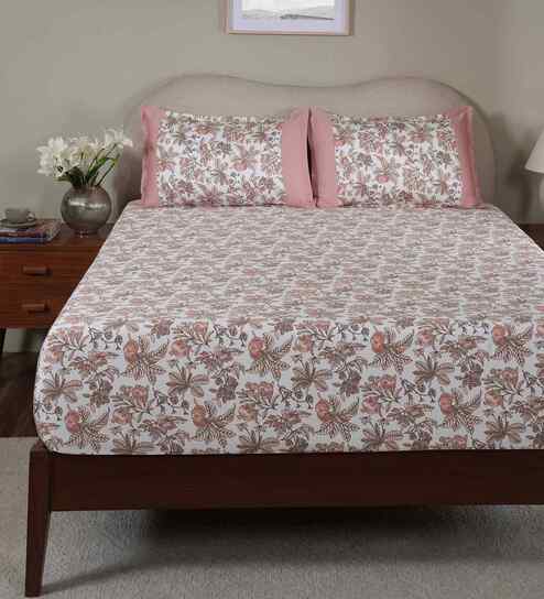 Pink Fruit Print 200 TC Cotton Double Bed Fitted Sheet with 2 Pillow Case Sensory Bloom Collection