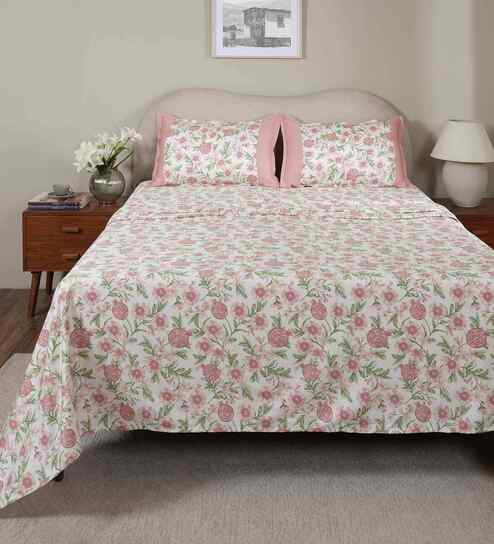 Pink Fruit Print 200 TC Cotton Double Bed Sheet with 2 Pillow Covers Sensory Bloom Collection