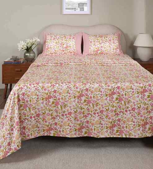 Pink Fruit Print 200 TC Cotton Double Bed Sheet with 2 Pillow Covers Sensory Bloom Collection