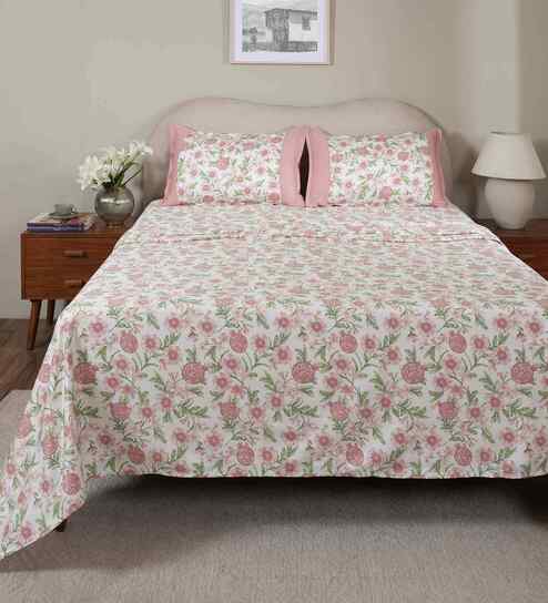 Pink Fruit Print 200 TC Cotton King Size Bed Sheet with 2 Pillow Covers Sensory Bloom Collection