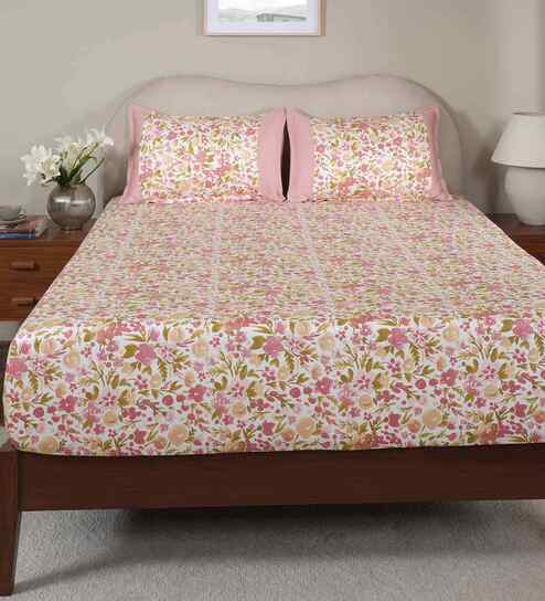 Pink Fruit Print 200 TC Cotton Single Bed Fitted Sheet with 1 Pillow Cover Sensory Bloom Collection
