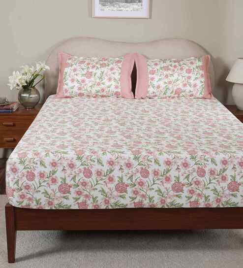 Pink Fruit Print 200 TC Cotton Single Bed Fitted Sheet with 1 Pillow Cover Sensory Bloom Collection