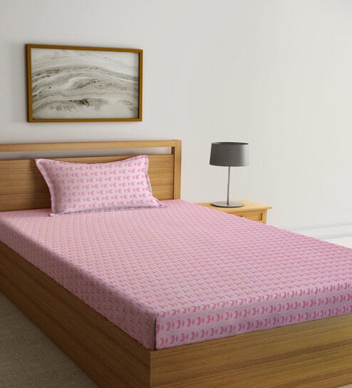 Pink Geometric 300 TC Cotton Fitted Single Bedsheet with 1 Pillow Cover