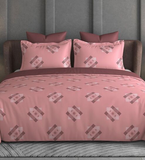 Pink Geometric 600TC Cotton Super King Sized Double Bedsheet with 2 Embroidery Pillow Covers