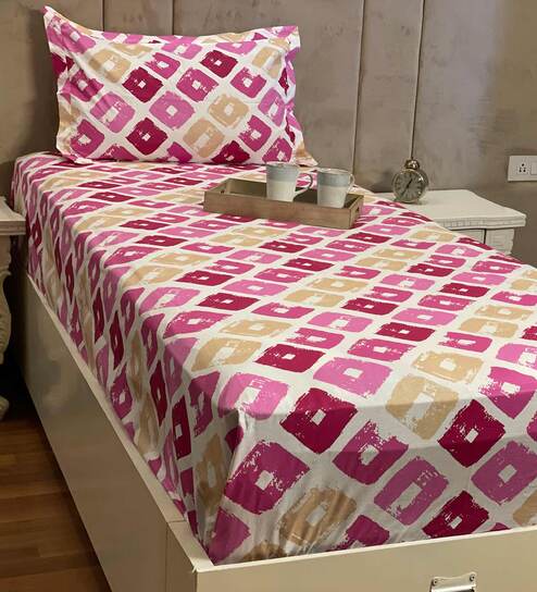 Multicolor Geometric 190 TC 100% Cotton Single Bed Sized Bed Sheets With 1 Pillow Cover by Bells & Whistles