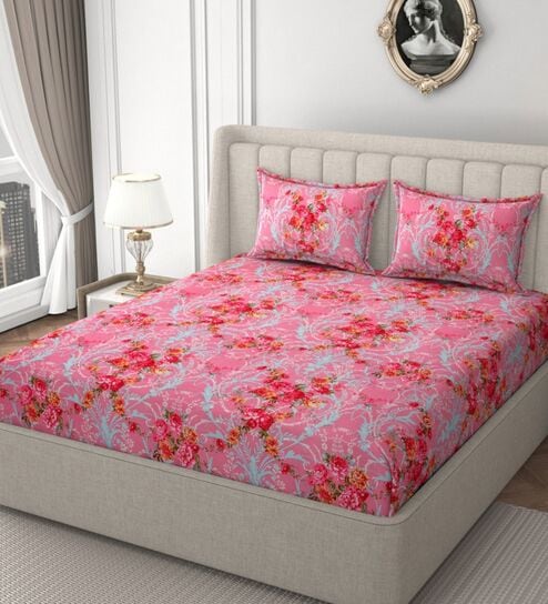 Pink Glace Cotton Floral Print Elastic Fitted King Bedsheet With 2 Pillow Covers