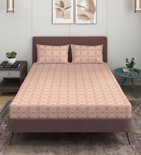 Pink Glace Cotton Geometric Print Elastic Fitted King Bedsheet With 2 Pillow Covers