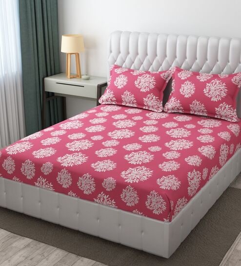 Pink Glace Cotton Polka Print Elastic Fitted King Bedsheet With 2 Pillow Covers