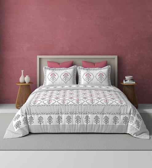 Pink Jaipuri Blockprint 250 TC Pure Cotton King Sized Double Bedsheet with 2 Pillow Covers