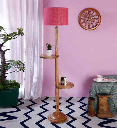 Pink Jute Drum Wooden Floor Lamp